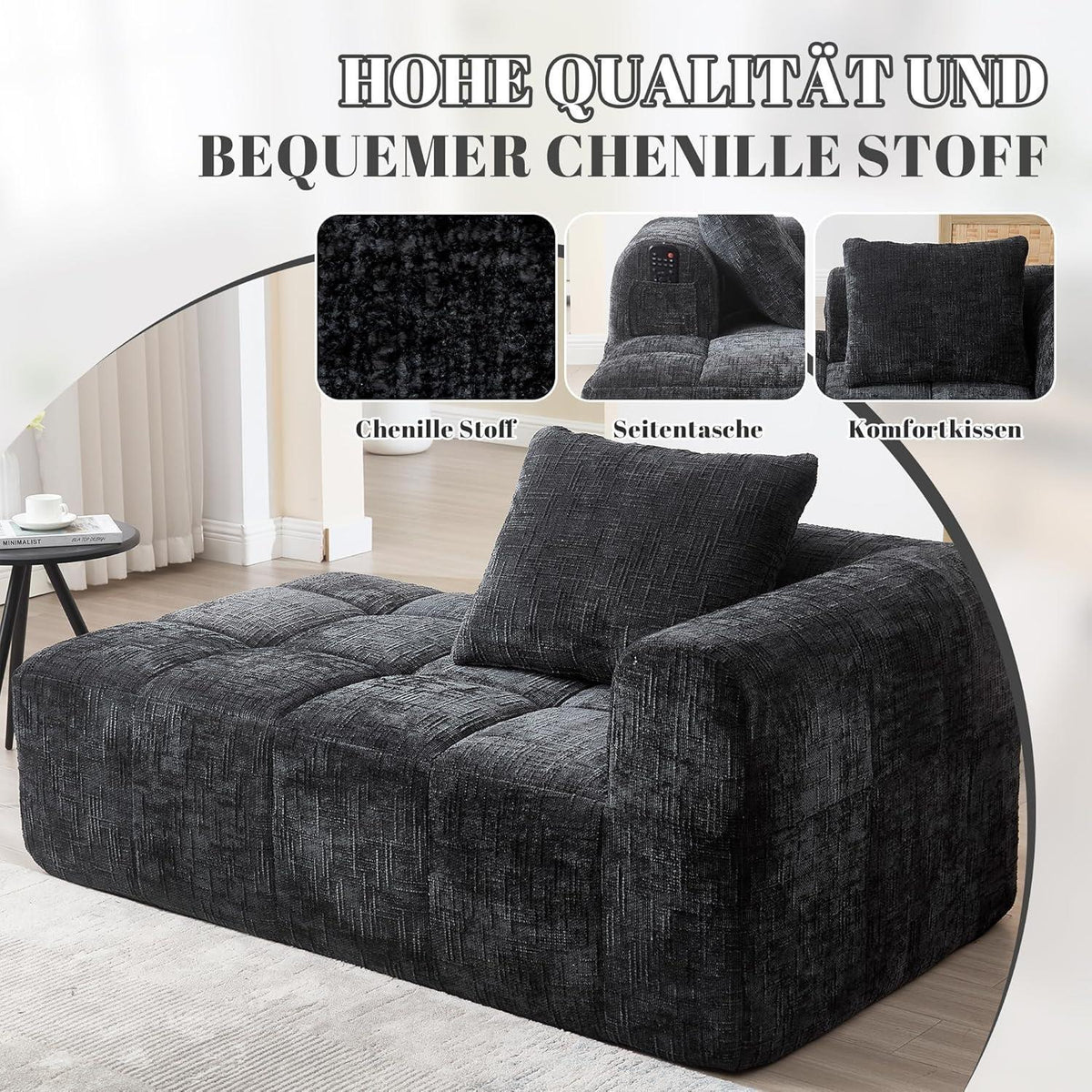 Modernes 1-Sitzer Sofa mit Chaiselongue & Kissen (Schwarz A)
