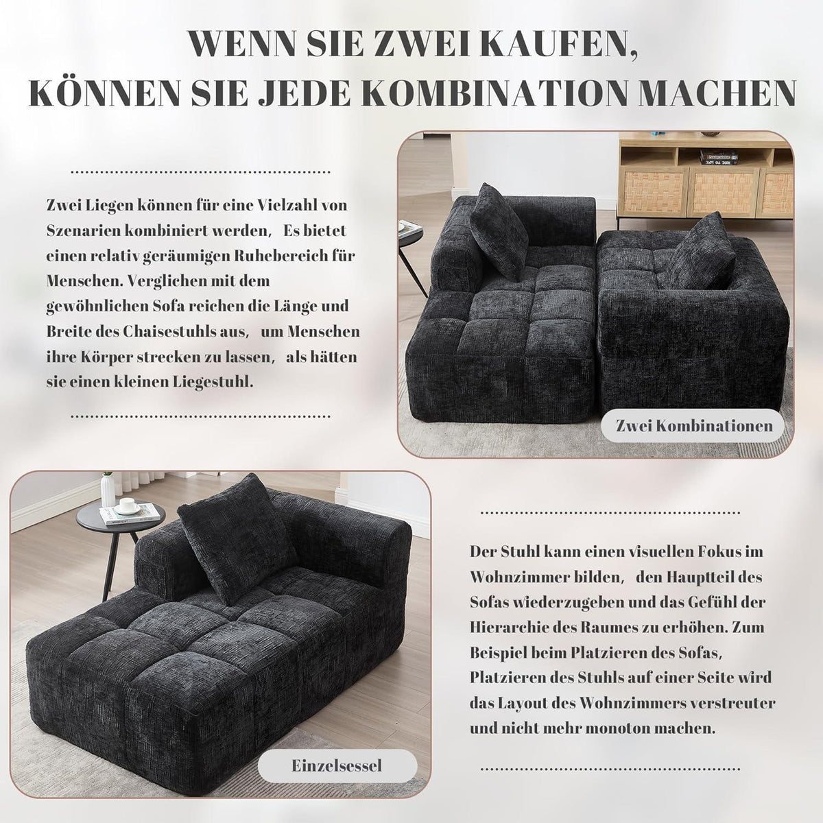 Modernes 1-Sitzer Sofa mit Chaiselongue & Kissen (Schwarz A)