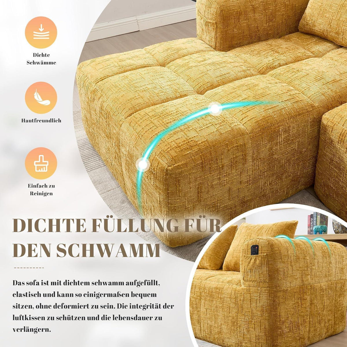 Modernes 3-Sitzer Sektionssofa mit Chaiselongue (Gelb C)