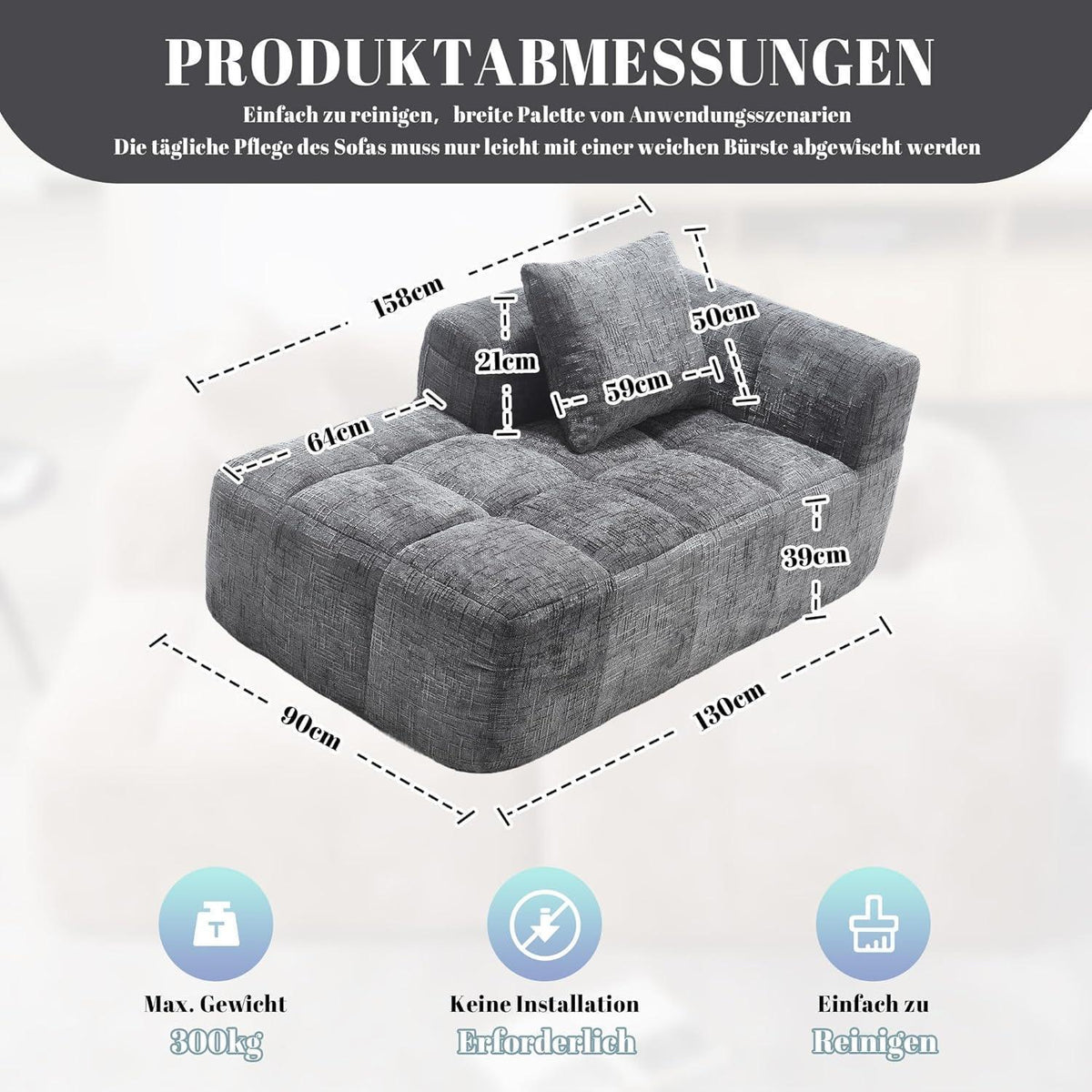 Modernes 1-Sitzer Sofa mit Chaiselongue (Grau) – Kein Aufbau