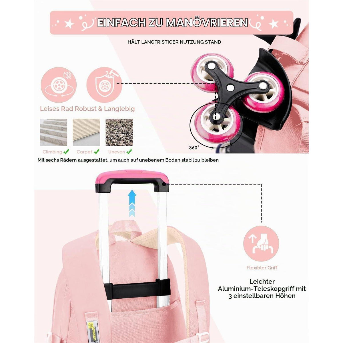 Schulrucksack Trolley Mädchen Rosa, 30L, Höhenverstellbar