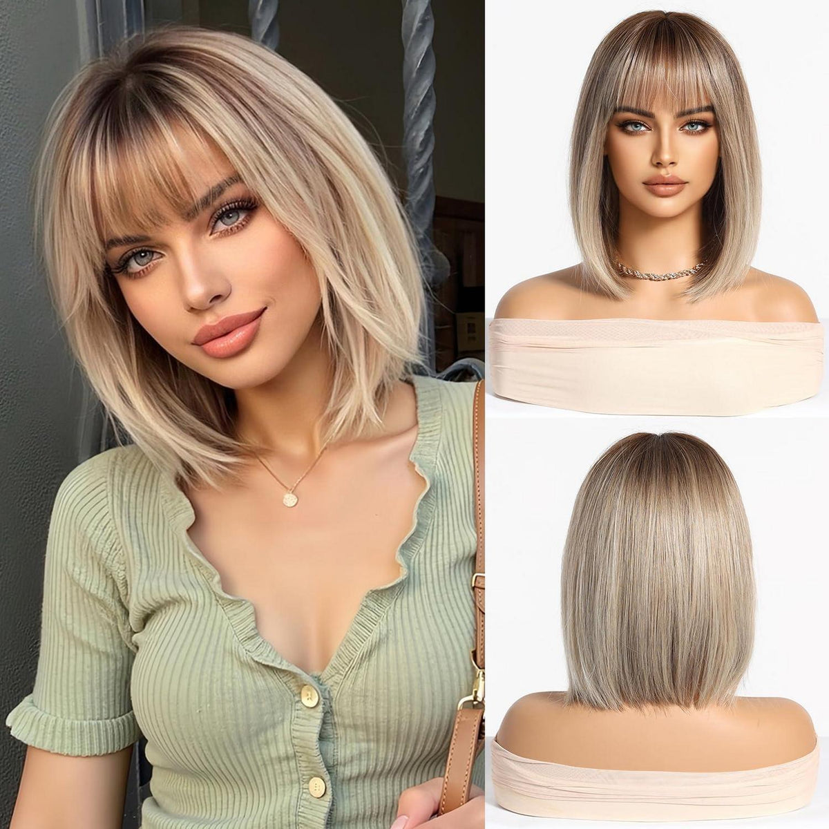 Blonde Bob Perücke mit Fransen – Schulterlang, Synthetisch Ombre
