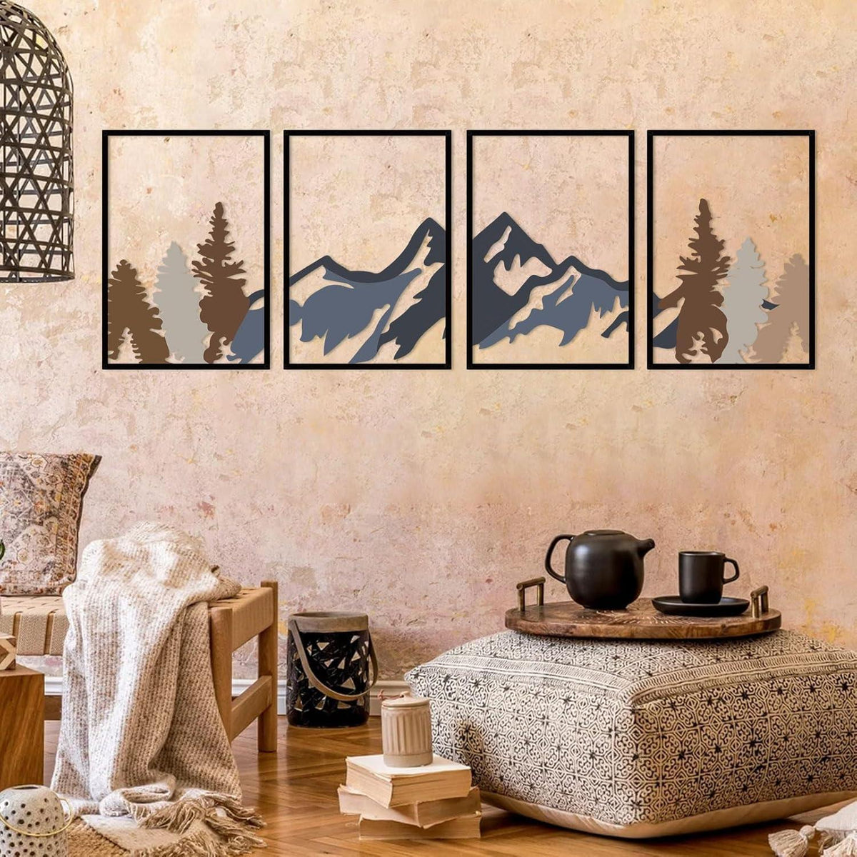 Metall Bergwandbild 4er Set – Gebirgswald Dekor