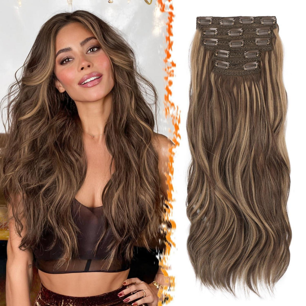 Wellige Haarverlängerung Braun mit Honigblond, 50cm