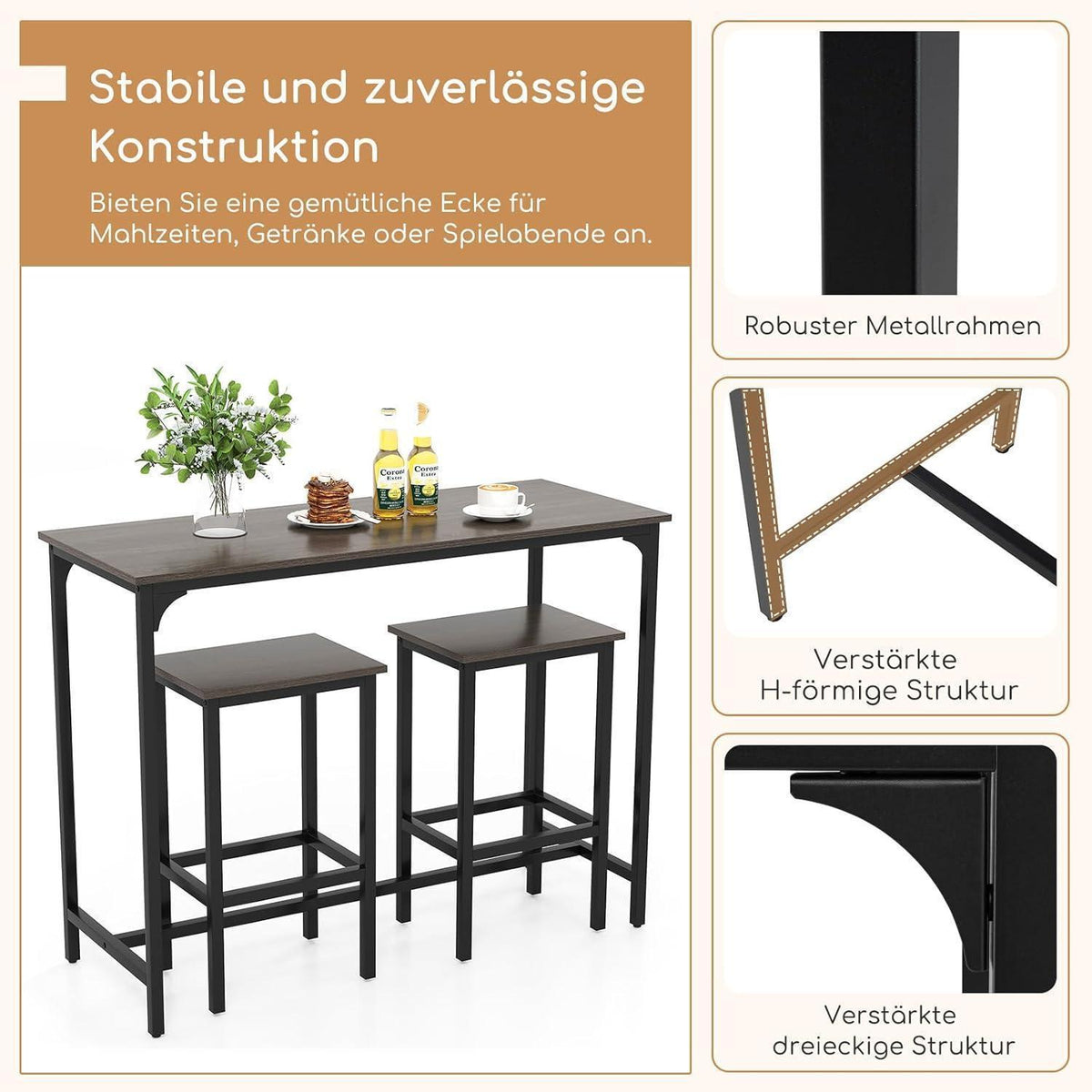 RELAX4LIFE Bartisch-Set mit Barhockern – Industrie-Design Grau