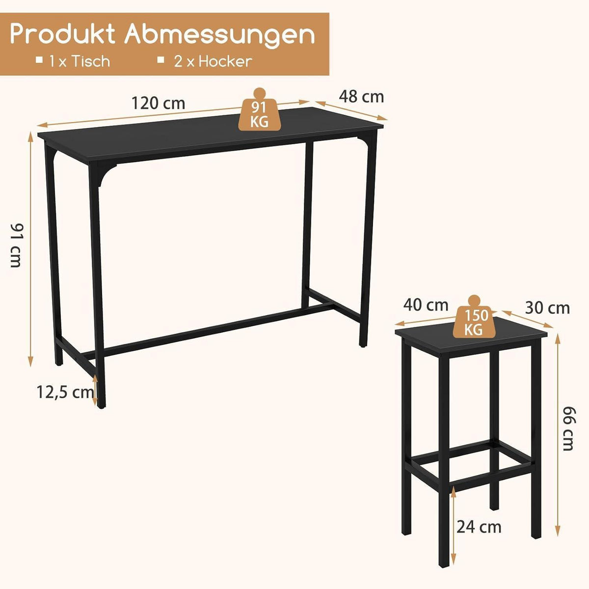 RELAX4LIFE Bartisch-Set mit Barhockern – Industrie-Design Schwarz