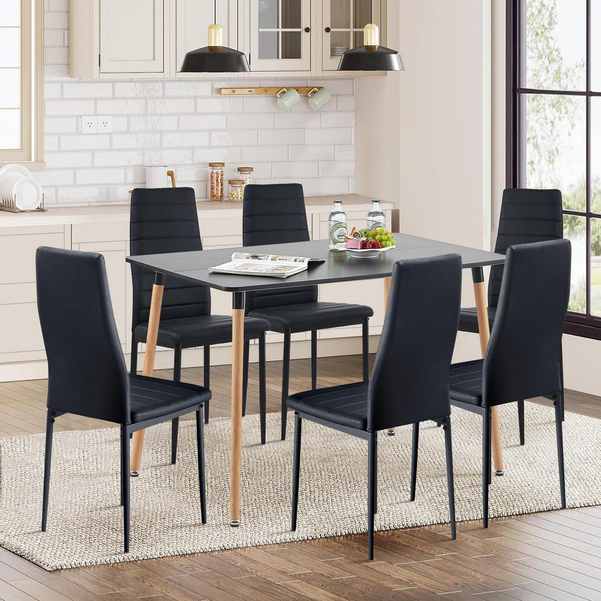 Esszimmergruppe Schwarz: Esstisch 110cm + 6 Stühle