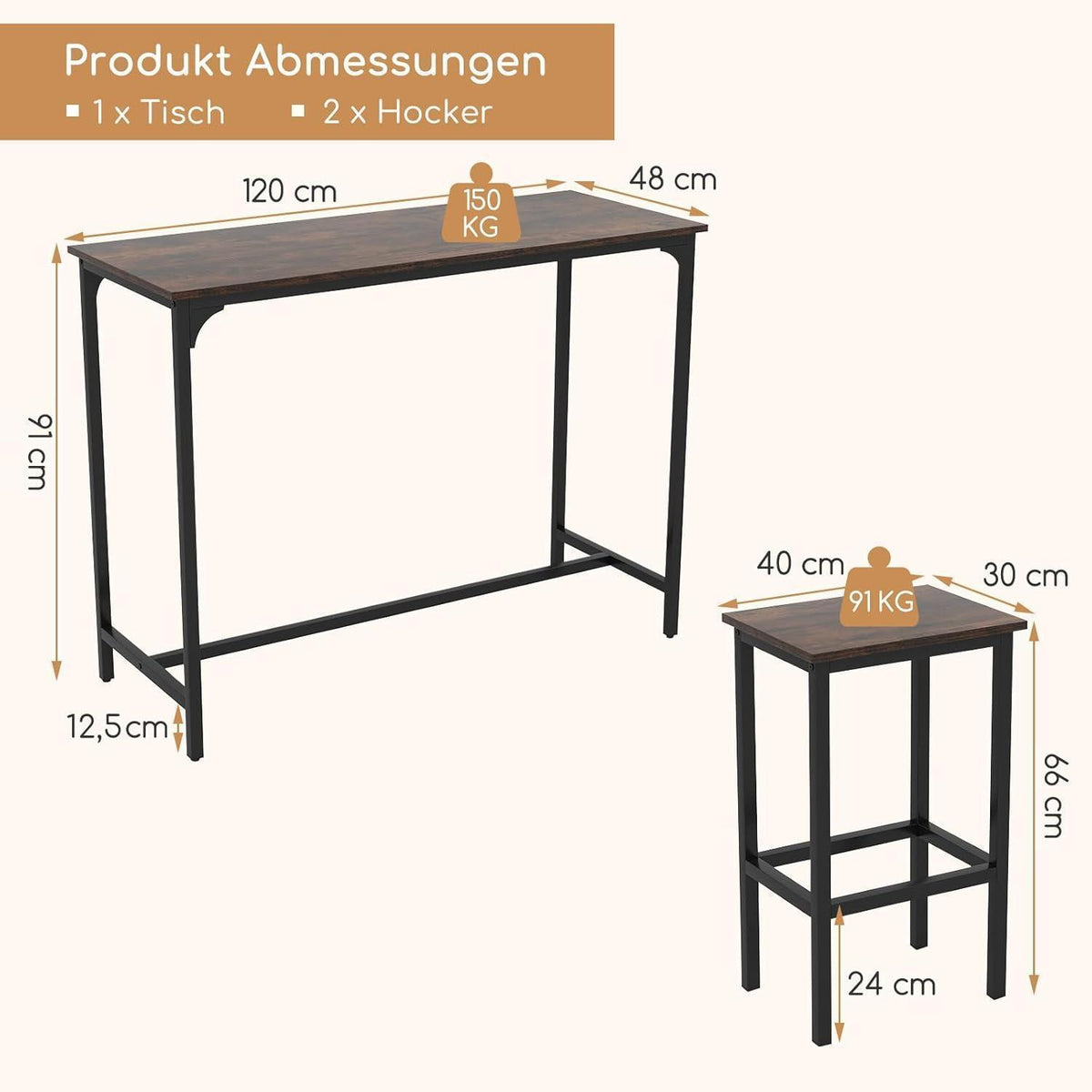 RELAX4LIFE Bartisch-Set mit Barhockern – Industrie-Design