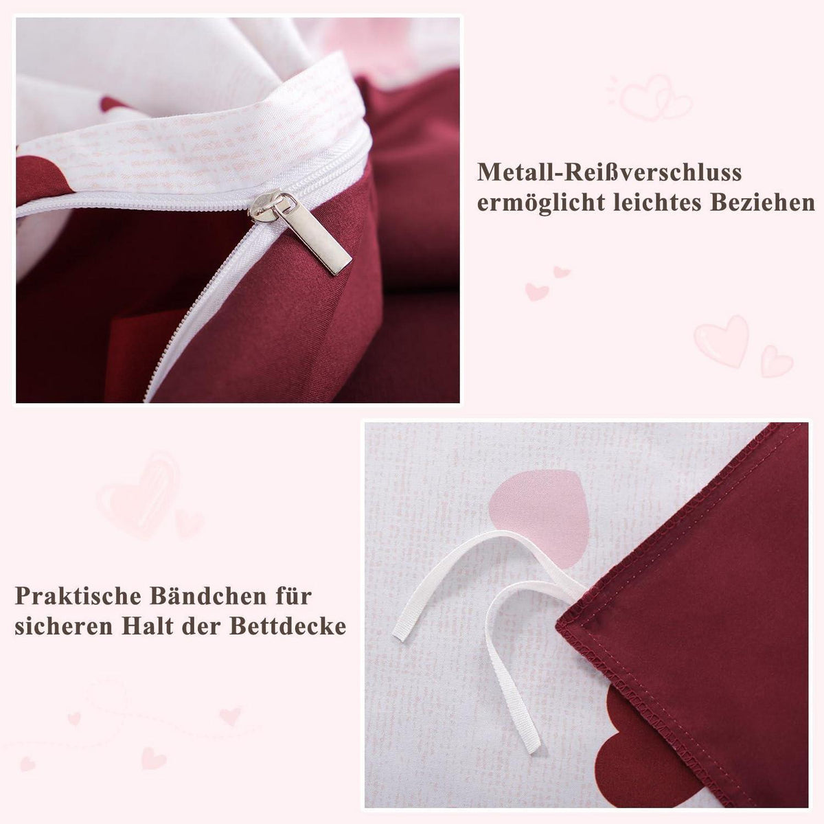 Bettwäsche-Set 220x240 Herzen Rot Rosa - 3-teilig Mikrofaser