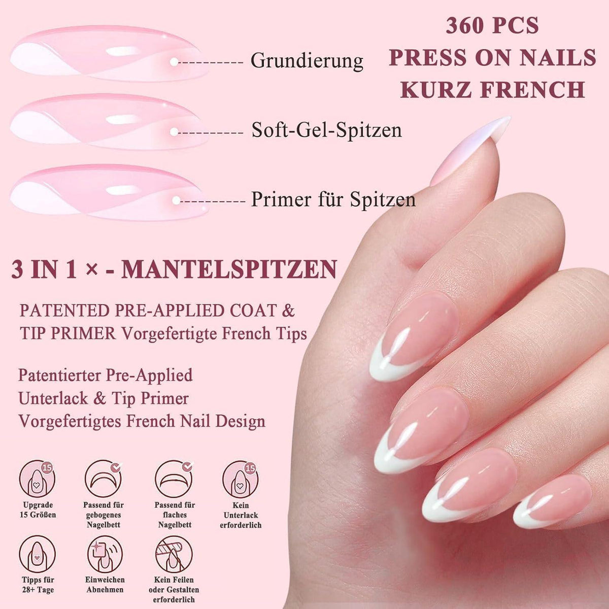 360 French Press on Nails Mandel Kurz – DIY Nagelset mit Ölstift