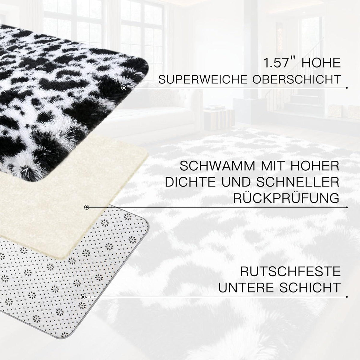 Hochflor Teppich Grau 200x300 – Flauschiger Wohnzimmerteppich Anti-Rutsch