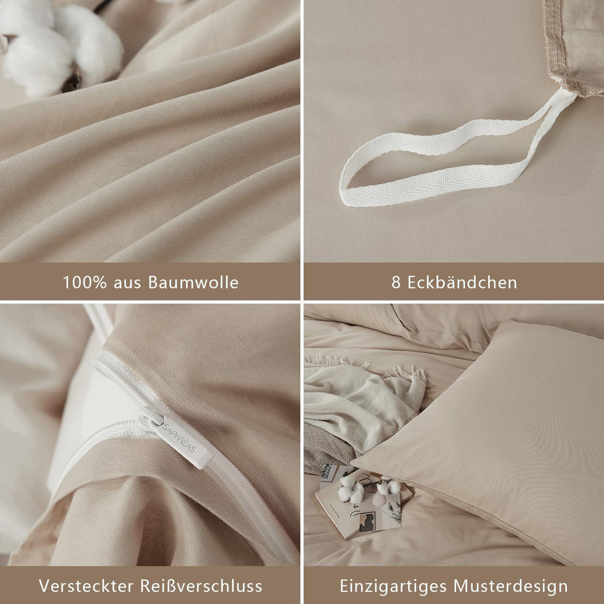 Baumwoll Bettwäsche Set 200x200 Beige | 3-teilig