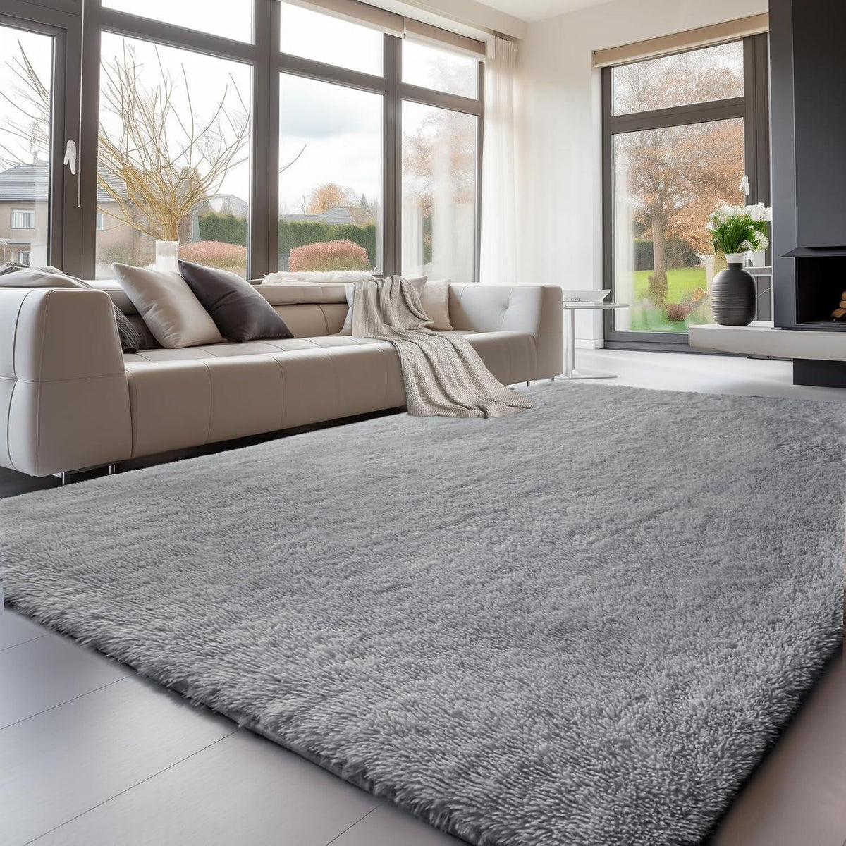 Hochflor Teppich Grau 240x300 - Flauschiger Wohnzimmerteppich Waschbar
