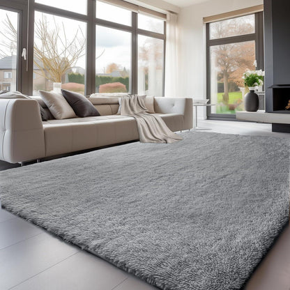 Hochflor Teppich Grau 240x300 - Flauschiger Wohnzimmerteppich Waschbar