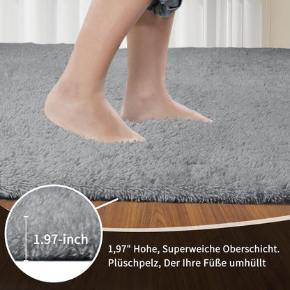 Hochflor Teppich Grau 240x300 - Flauschiger Wohnzimmerteppich Waschbar
