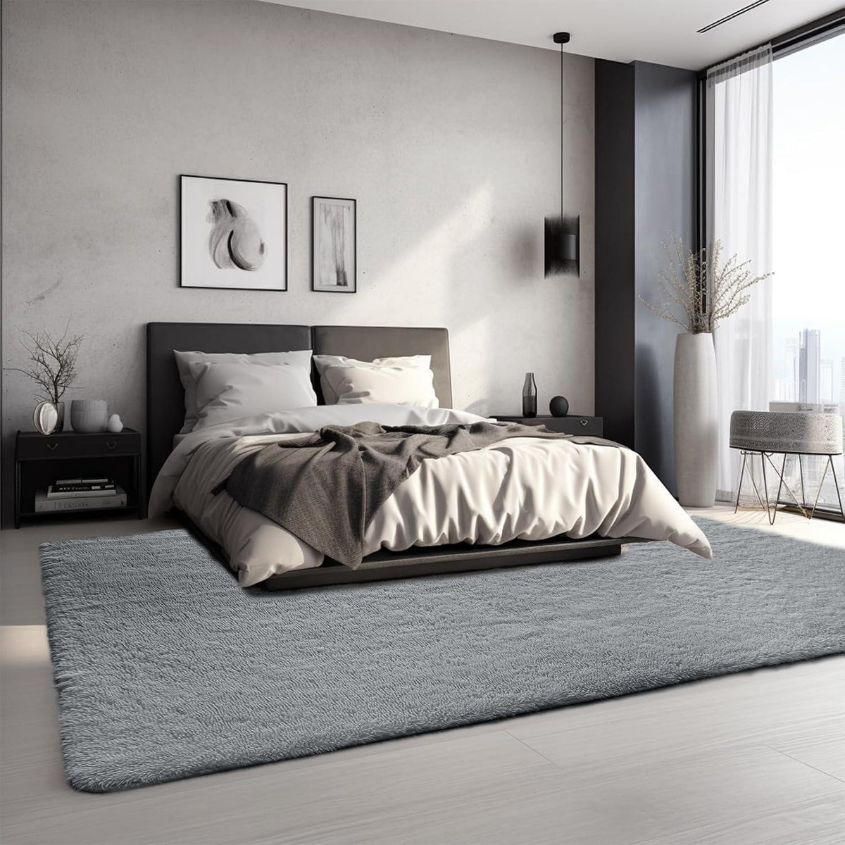 Hochflor Teppich Grau 240x300 - Flauschiger Wohnzimmerteppich Waschbar