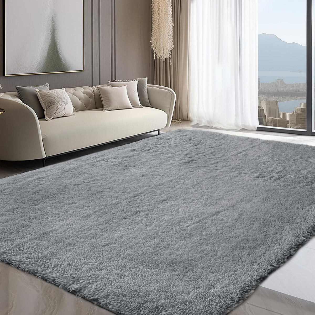 Hochflor Teppich Grau 240x300 - Flauschiger Wohnzimmerteppich Waschbar