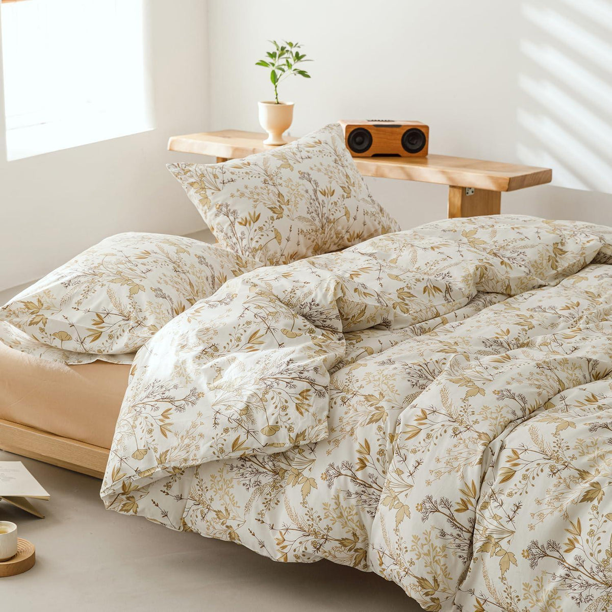 Bettwäsche-Set 135x200 cm Beige Baumwolle Ahornblatt Blumenmuster