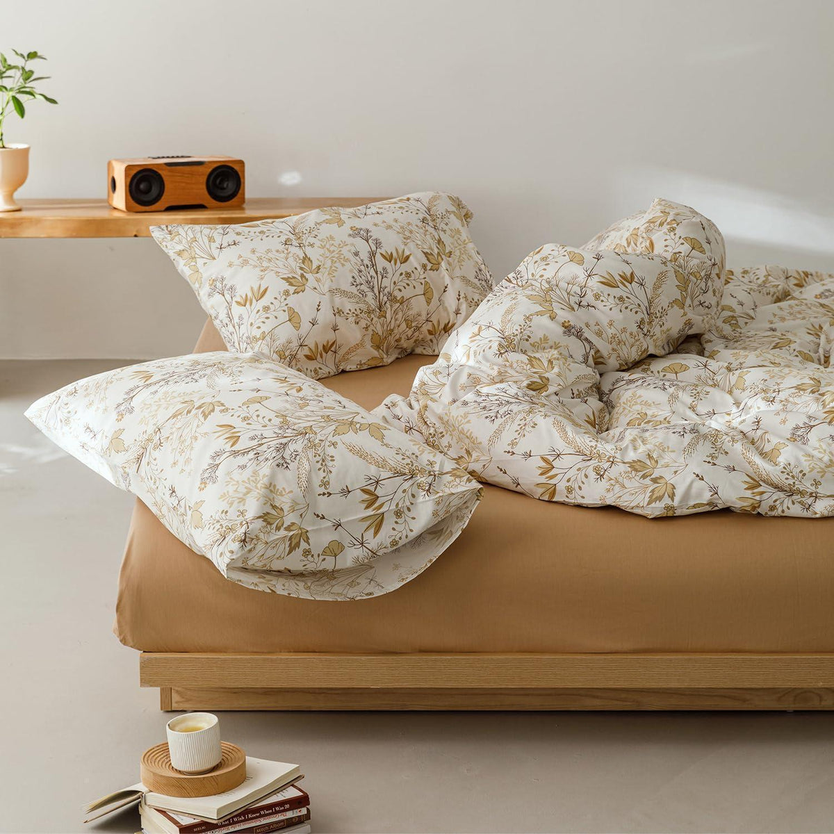 Bettwäsche-Set 135x200 cm Beige Baumwolle Ahornblatt Blumenmuster