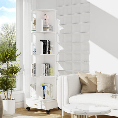 Drehbares Bücherregal mit Schubladen, 4 Böden, Weiß