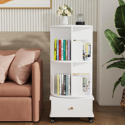 Drehbares Bücherregal mit Schubladen, 2 Böden, Weiß