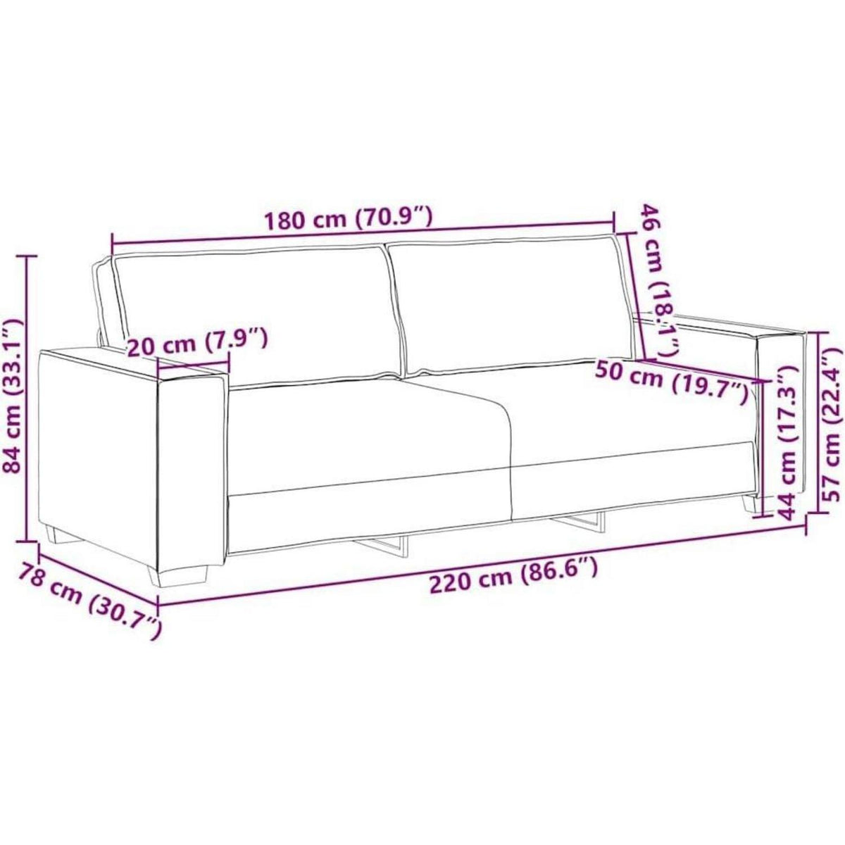 3-Sitzer Sofa Schwarz 220 cm – Modernes Polster Sofa