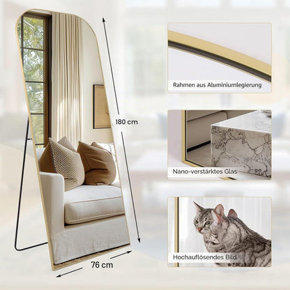 Gewölbter Standspiegel 180x76cm Gold – Ganzkörper Spiegel mit Rahmen
