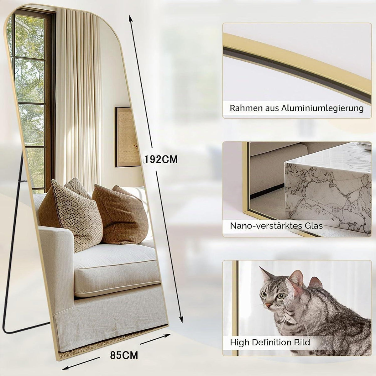 Gewölbter Standspiegel 192x85cm mit Goldrahmen – Ganzkörper Spiegel