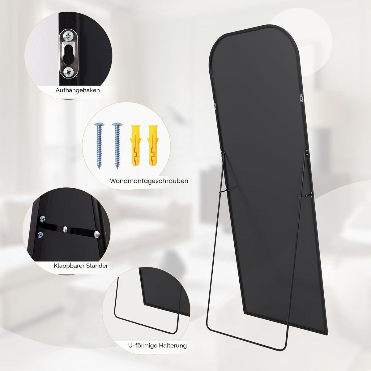 Gewölbter Standspiegel 192x85cm mit Schwarzrahmen – Ganzkörper Spiegel