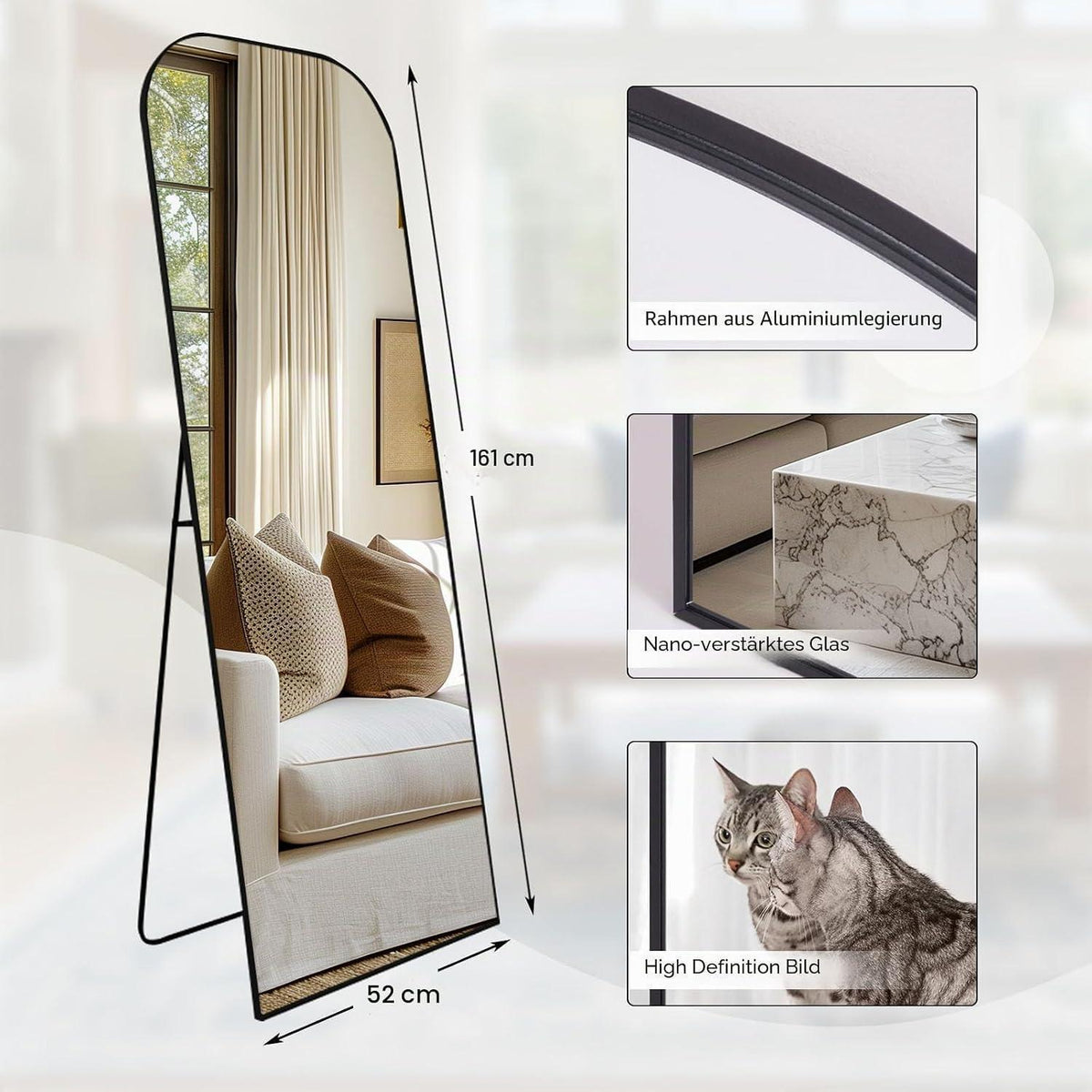 Gewölbter Standspiegel 161x52cm mit Schwarzrahmen – Ganzkörper Spiegel