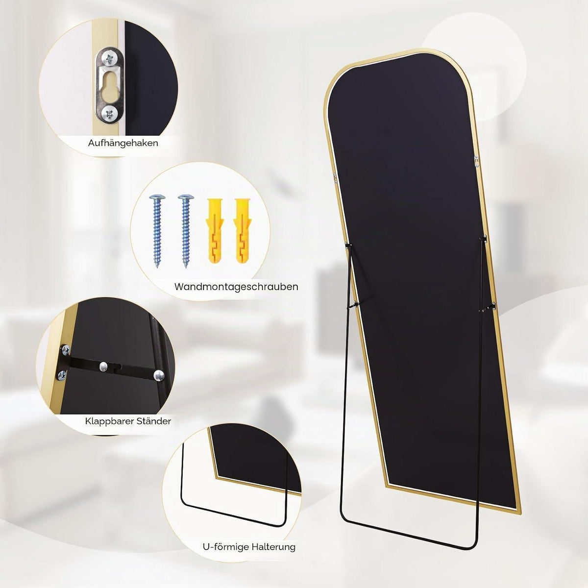 Gewölbter Standspiegel Gold – 161 x 52 cm, Ganzkörper