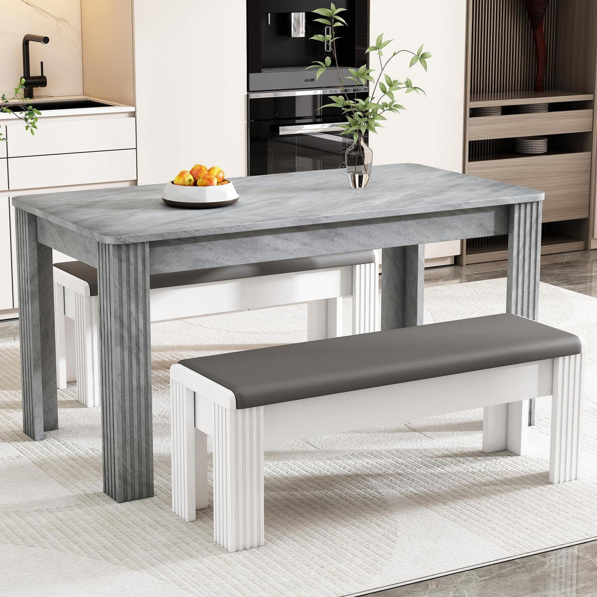 Modernes Esszimmer-Set mit Tisch und 2 Bänken (Grau)