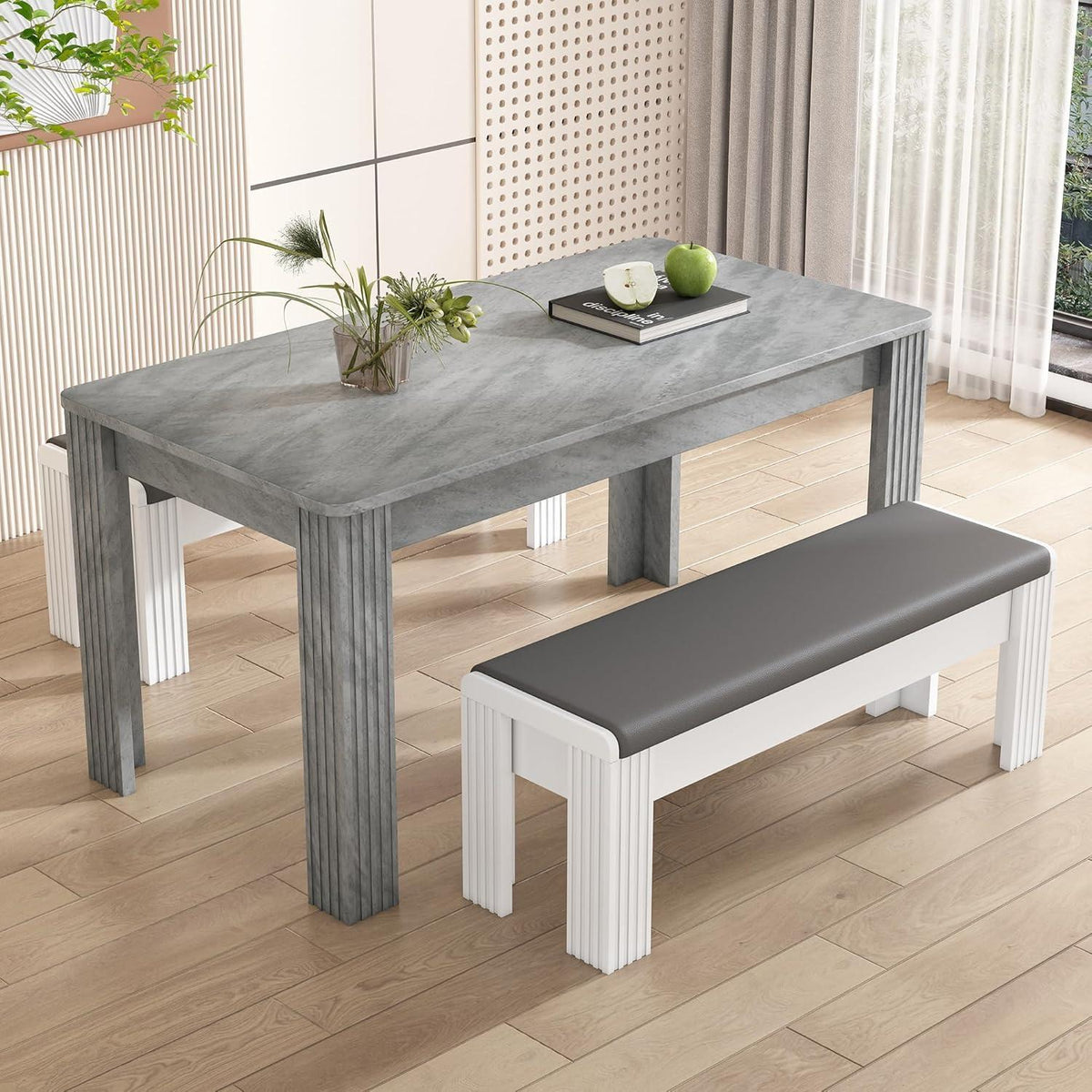 Modernes Esszimmer-Set mit Tisch und 2 Bänken (Grau)