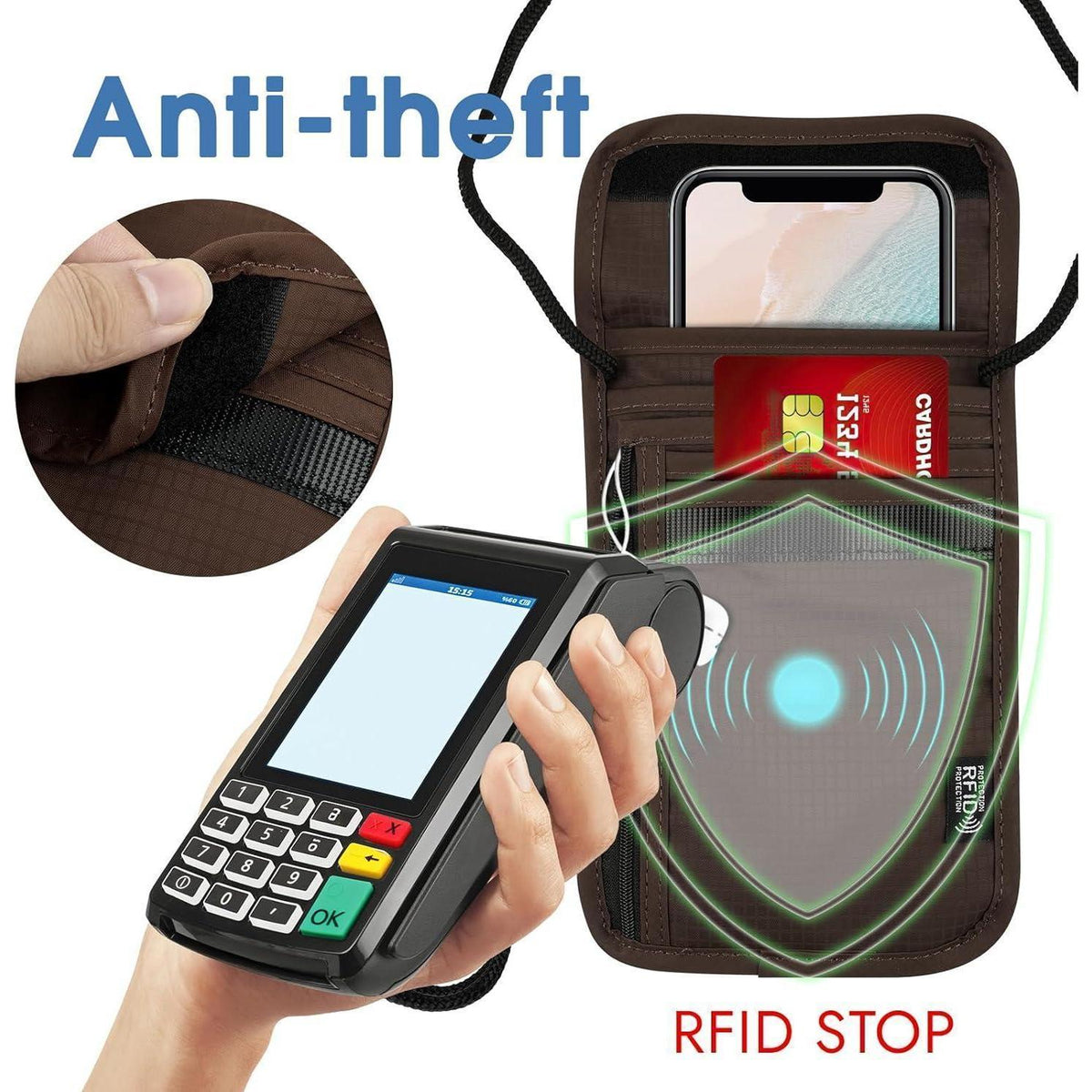 Brustbeutel mit RFID-Schutz, wasserdicht, Braun