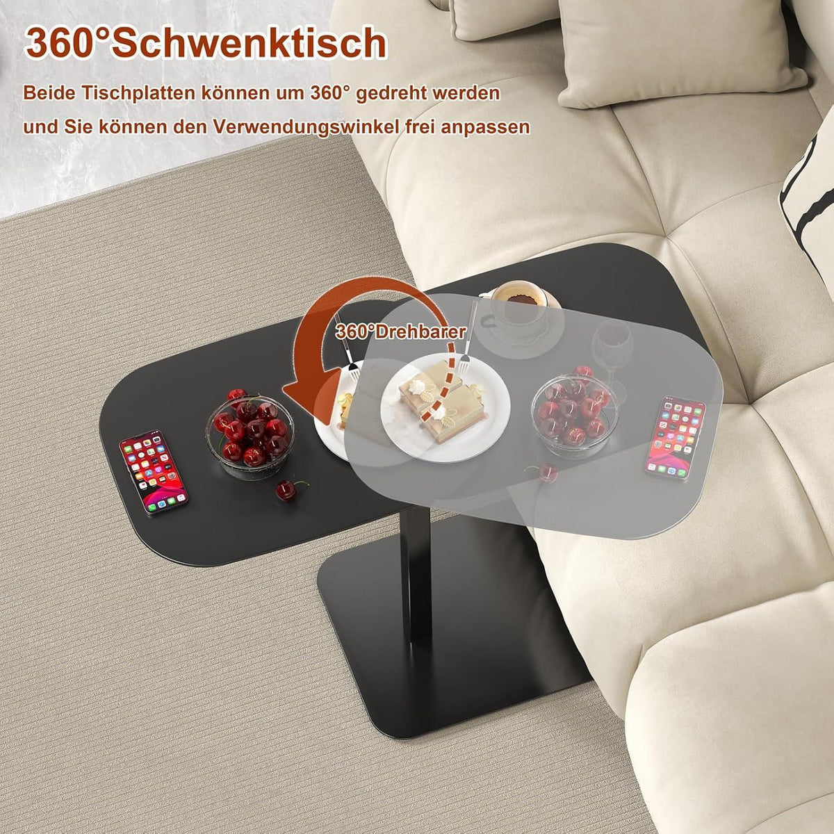 Drehbarer C-Form Beistelltisch Höhenverstellbar & 360° Schwarz