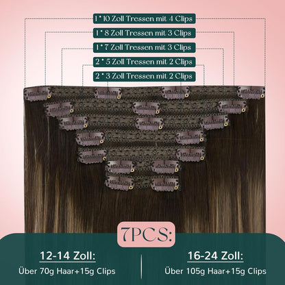 Echthaar Clip-In Extensions Ombre Braun Dunkelbraun Balayage