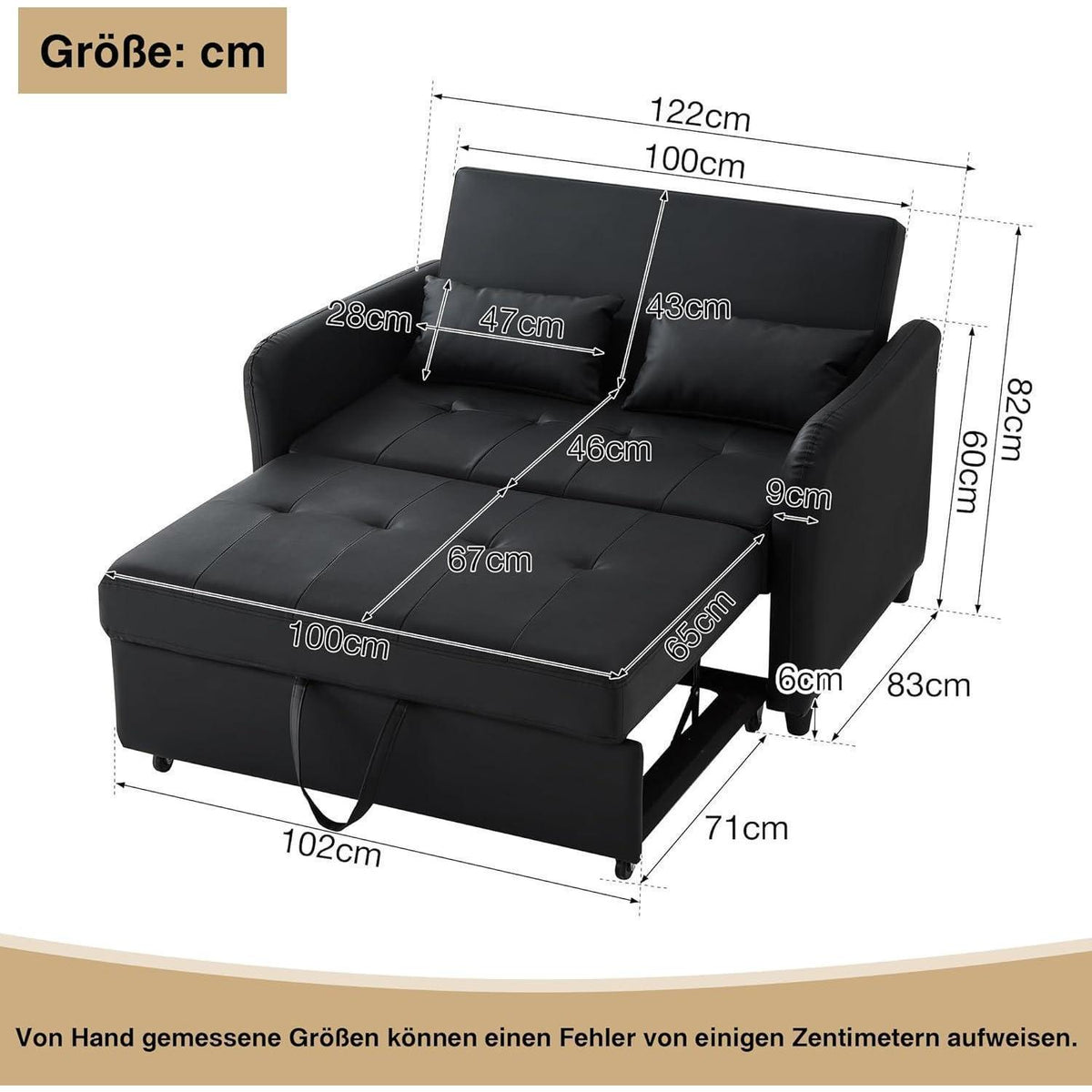 2-Sitzer Klappsofa mit Schlaffunktion – Antik Schwarz