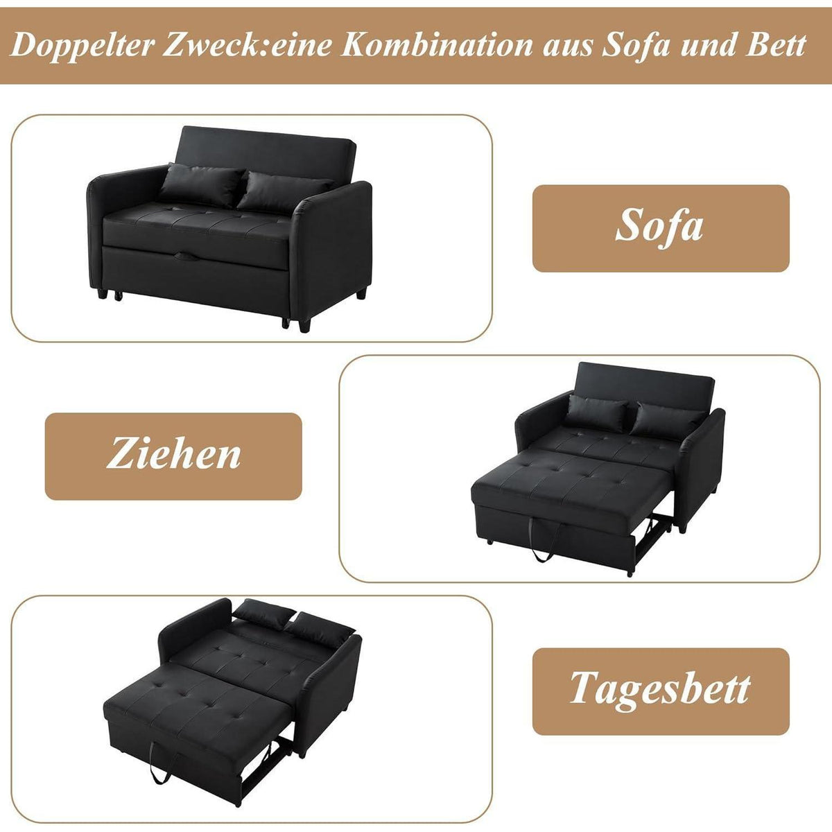 2-Sitzer Klappsofa mit Schlaffunktion – Antik Schwarz