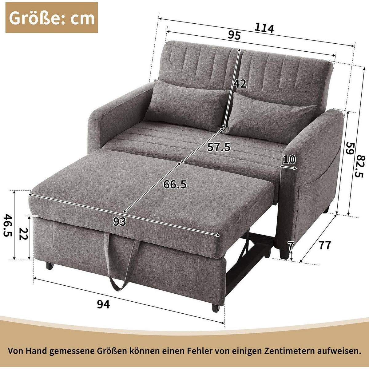 2-Sitzer Klappsofa mit Schlaffunktion & Kissen – Grau