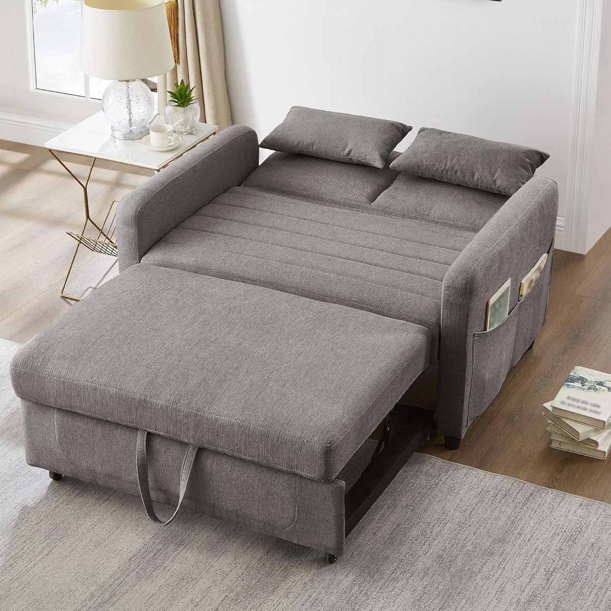 2-Sitzer Klappsofa mit Schlaffunktion & Kissen – Grau