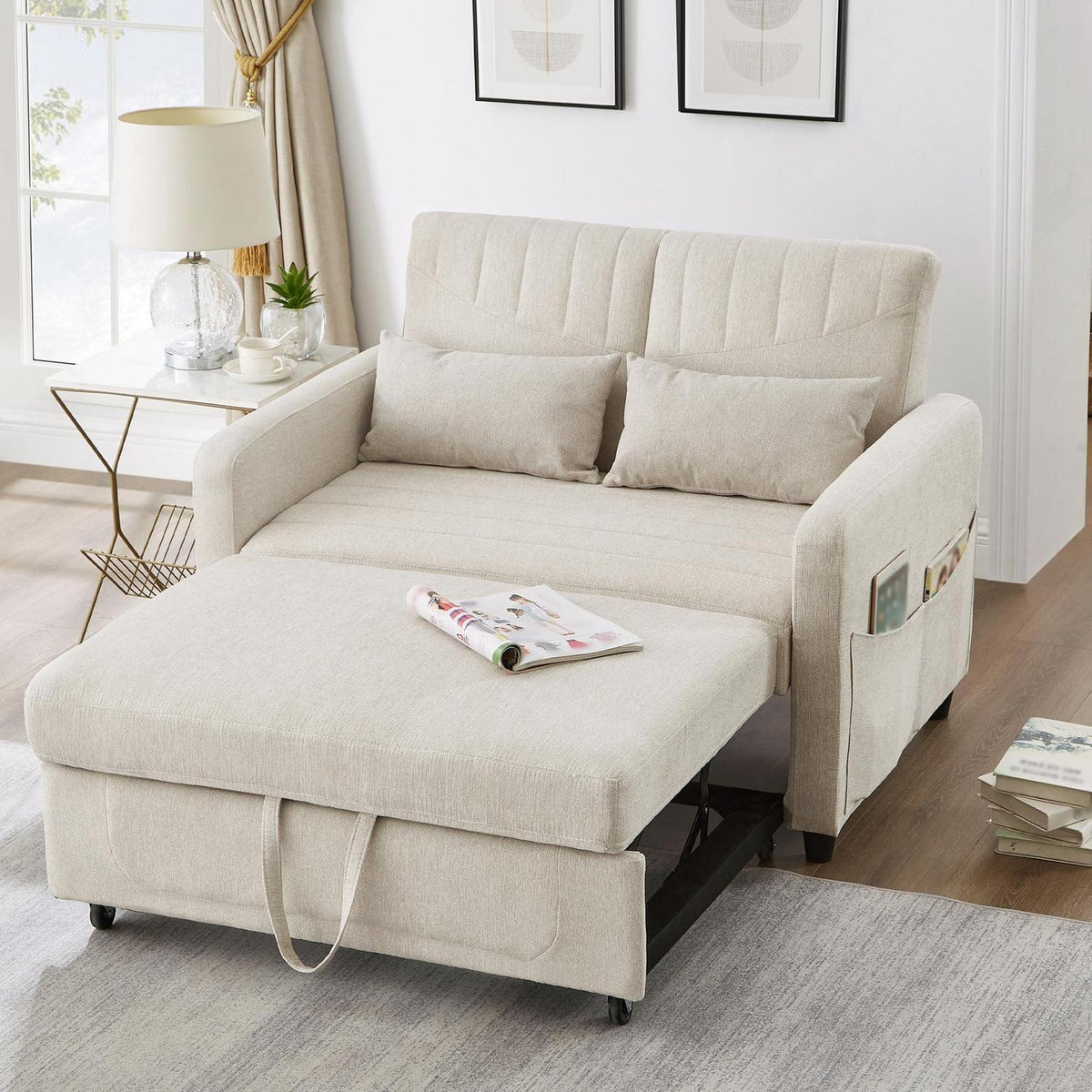 2-Sitzer Klappsofa mit Schlaffunktion & Kissen – Beige