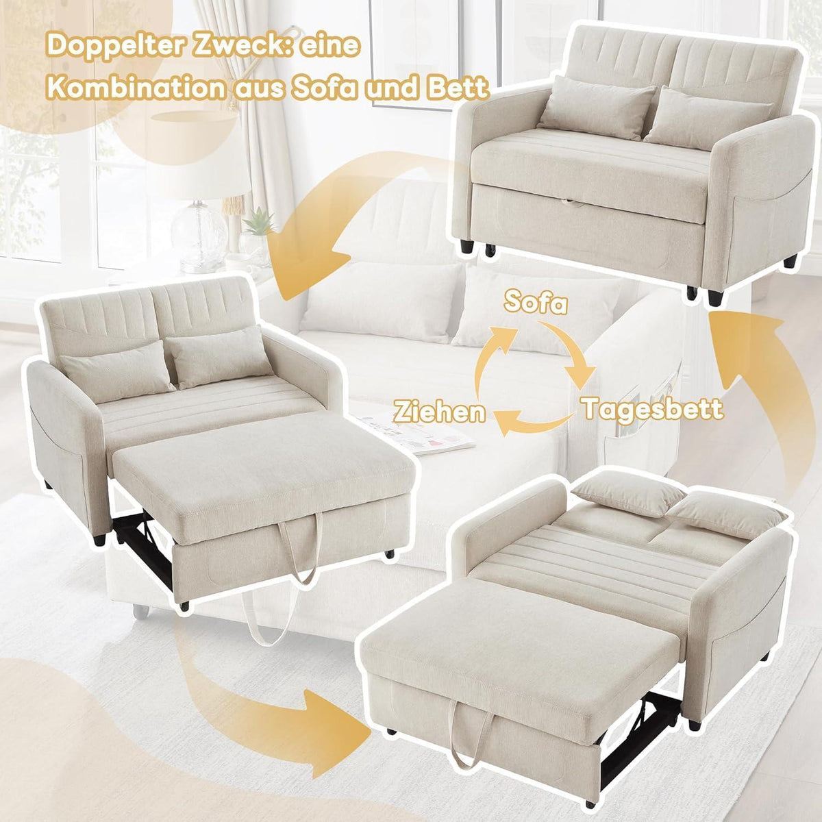 2-Sitzer Klappsofa mit Schlaffunktion & Kissen – Beige