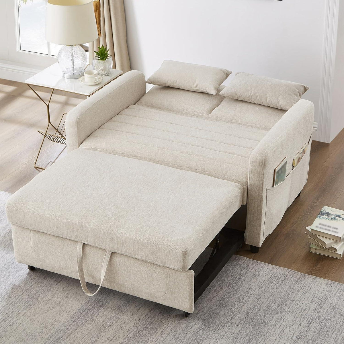 2-Sitzer Klappsofa mit Schlaffunktion & Kissen – Beige