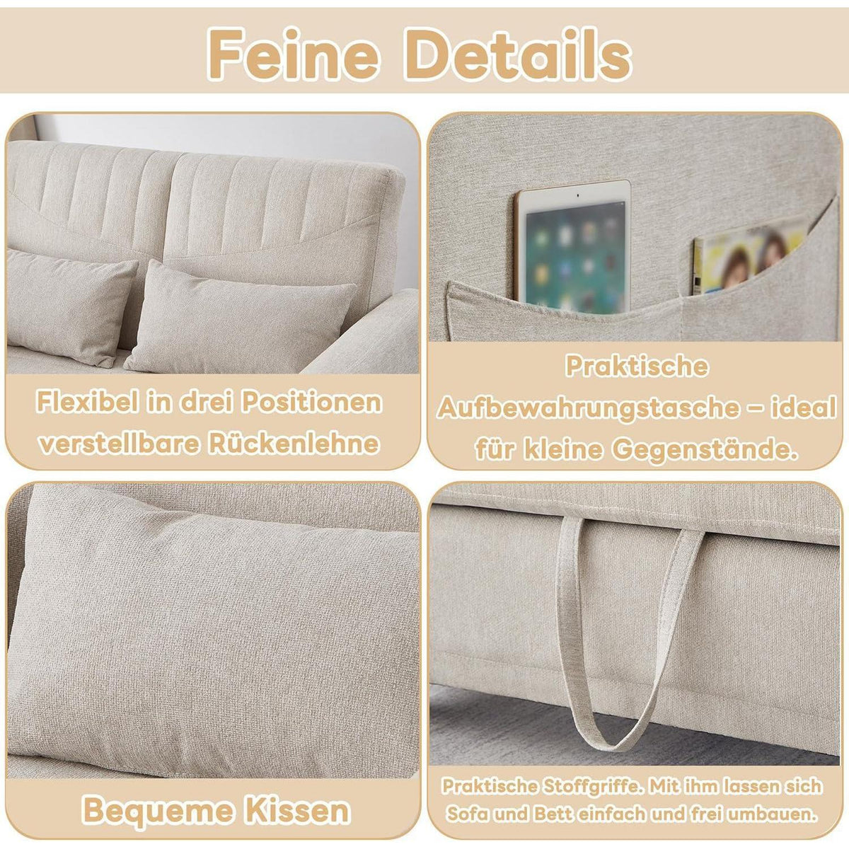 2-Sitzer Klappsofa mit Schlaffunktion & Kissen – Beige