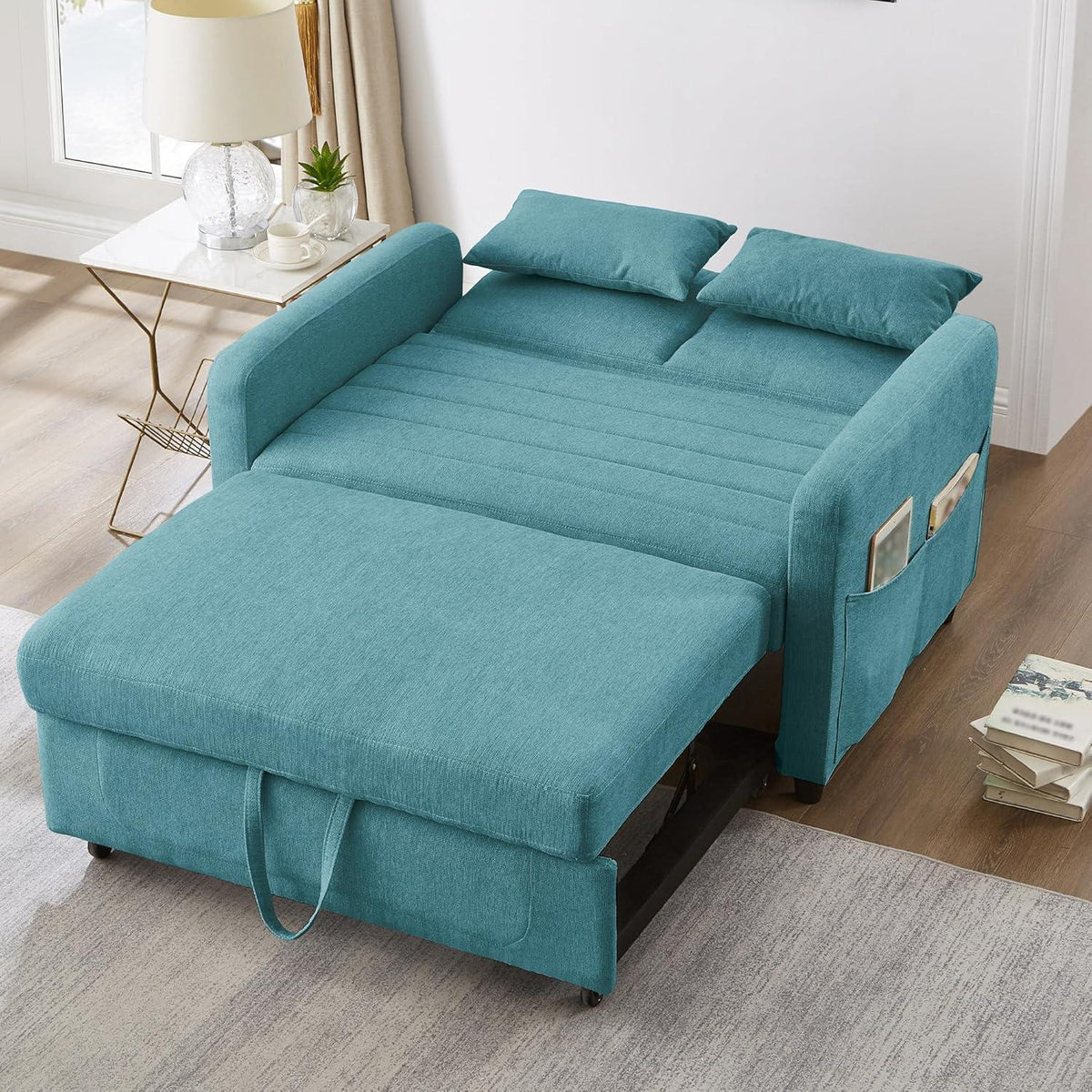 2-Sitzer Klappsofa mit Schlaffunktion & Kissen – Antik Blau-Grün