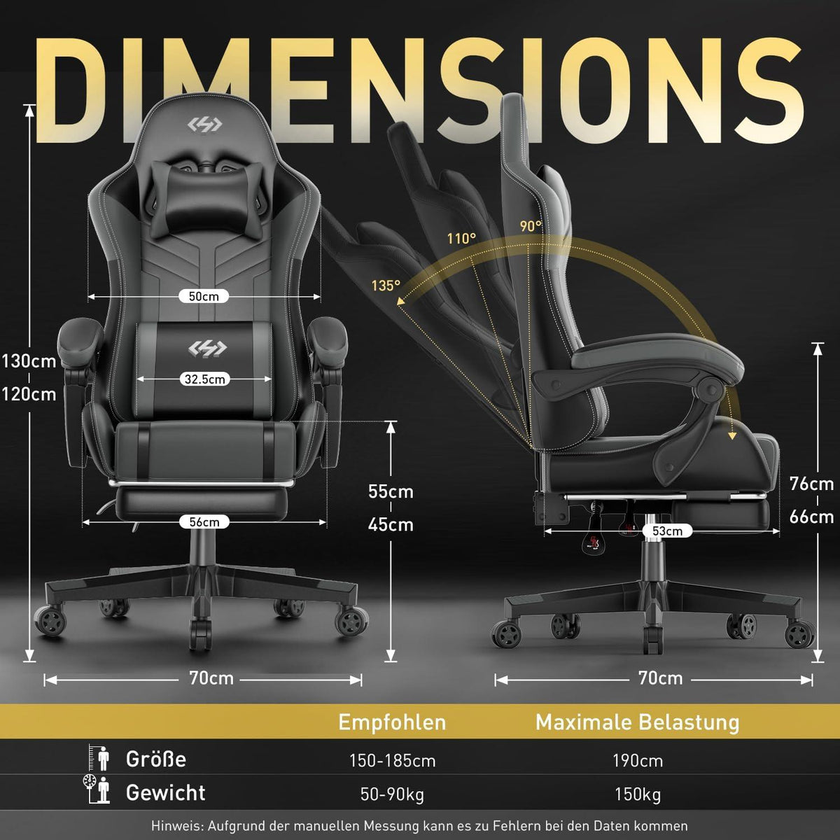 Ergonomischer Gaming Bürostuhl Kopfstütze Lendenkissen 150kg