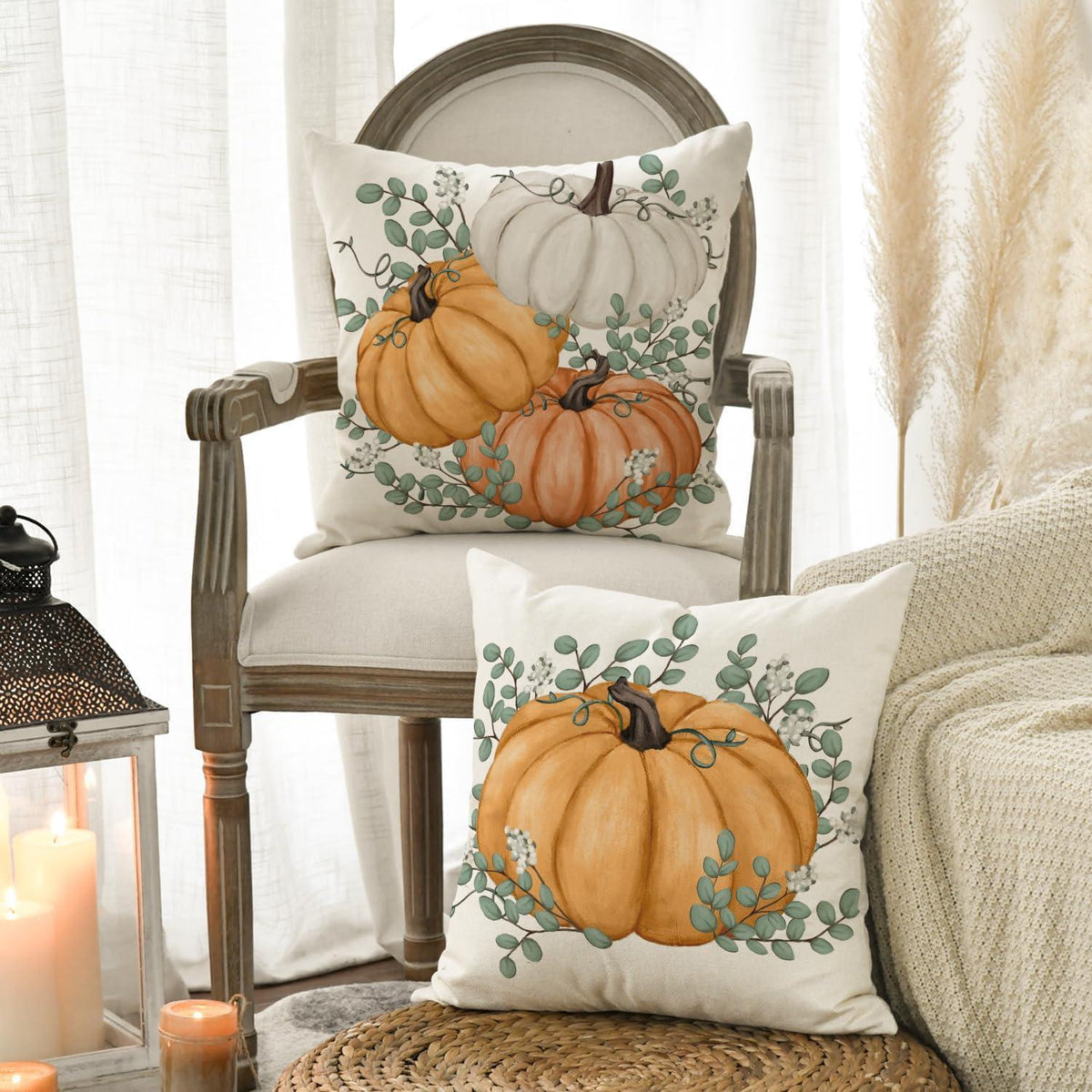 2er Set Herbst Kürbis Kissenbezüge 40x40 cm Orange Polyester