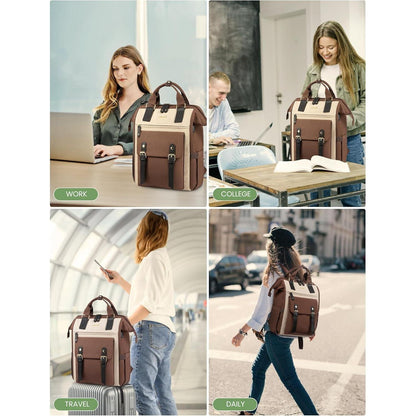 Laptop Rucksack Damen 15,6 Zoll wasserdicht mit Kabeltasche Kaffee+beige