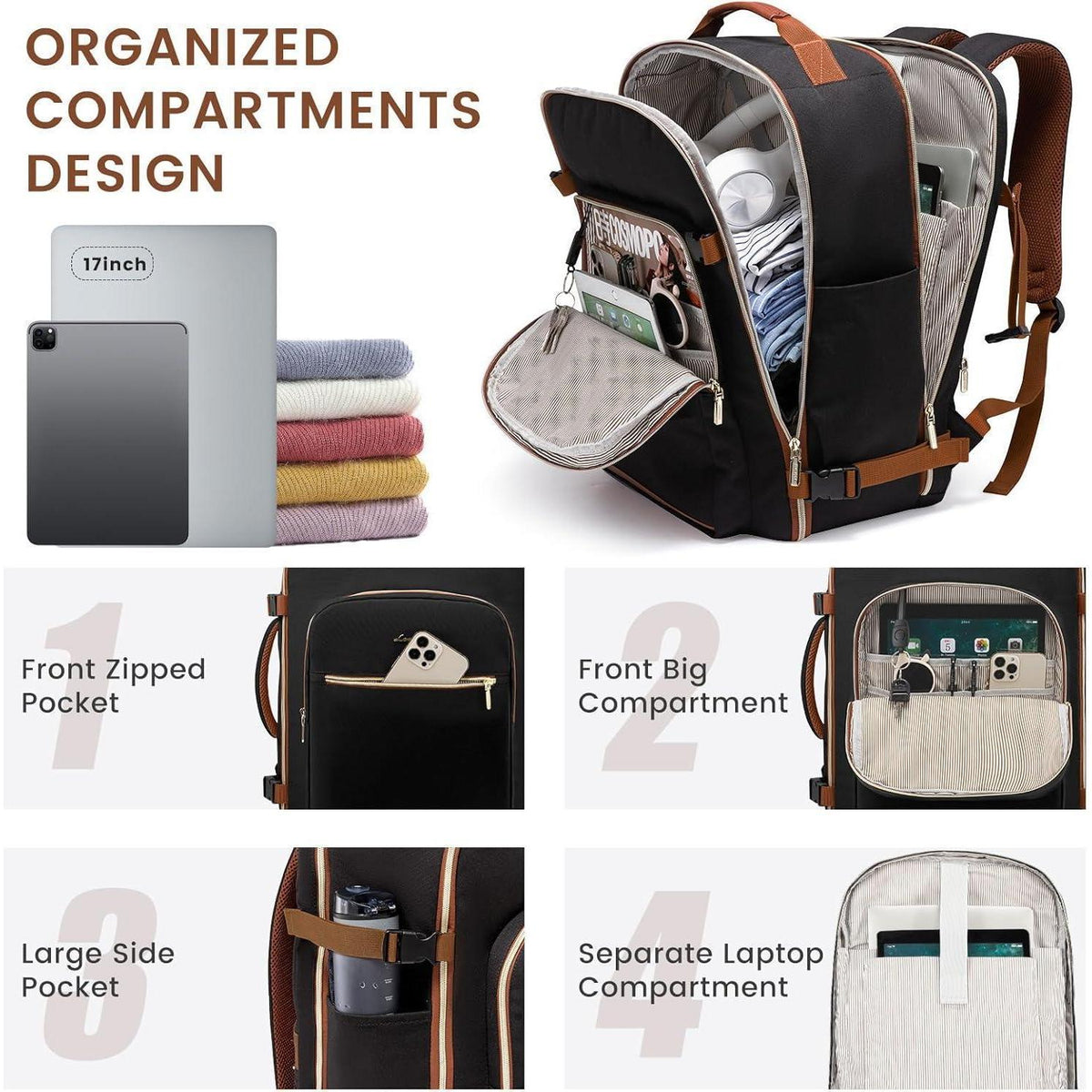 Handgepäck Rucksack 40L Damen, wasserdicht, Laptopfach, Kofferdesign, Schwarz+braun