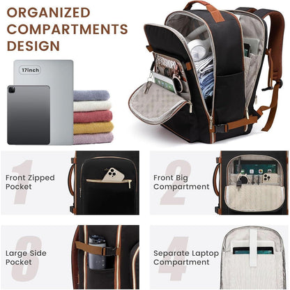 Handgepäck Rucksack 40L Damen, wasserdicht, Laptopfach, Kofferdesign, Schwarz+braun